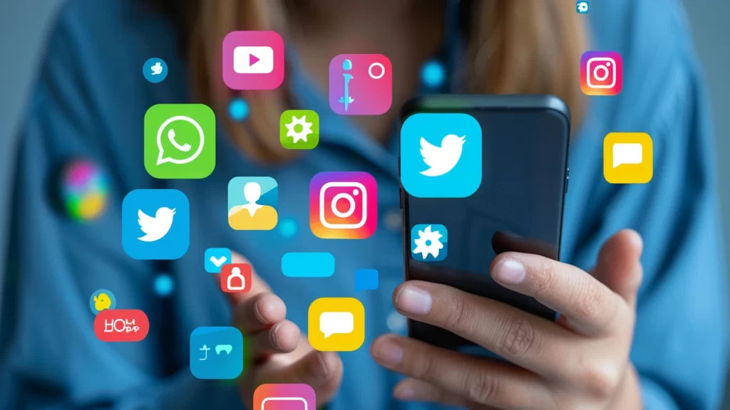 Mavi t-shirt giyen bir kişi telefona bakıyor, arka plan blurlu; ön planda WhatsApp, Twitter ve Instagram logoları.