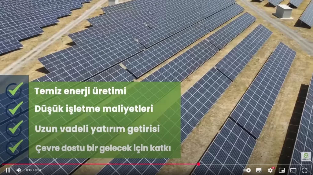 Volta Enerji YouTube kanalından ekran görüntüsü; güneş enerji tarlası arka planında “Yatırımın Adresi: GES” başlıklı bilgiler veriliyor.