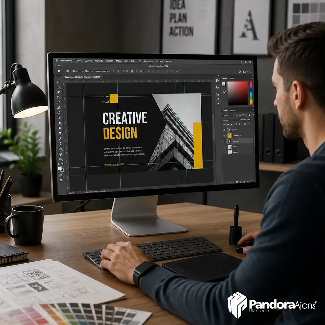 Bilgisayarda kurumsal grafik tasarım hazırlayan tasarımcı