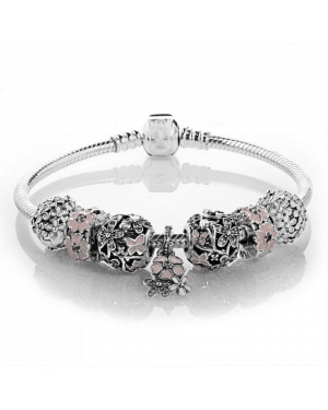 PANDORA Pink Primrose Floral Complete Bracelet JSP0334 With Pave CZ In Silver