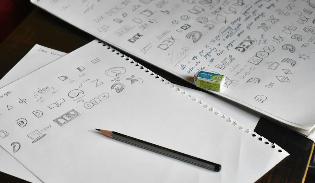 Designer sketching logo concepts in a notebook