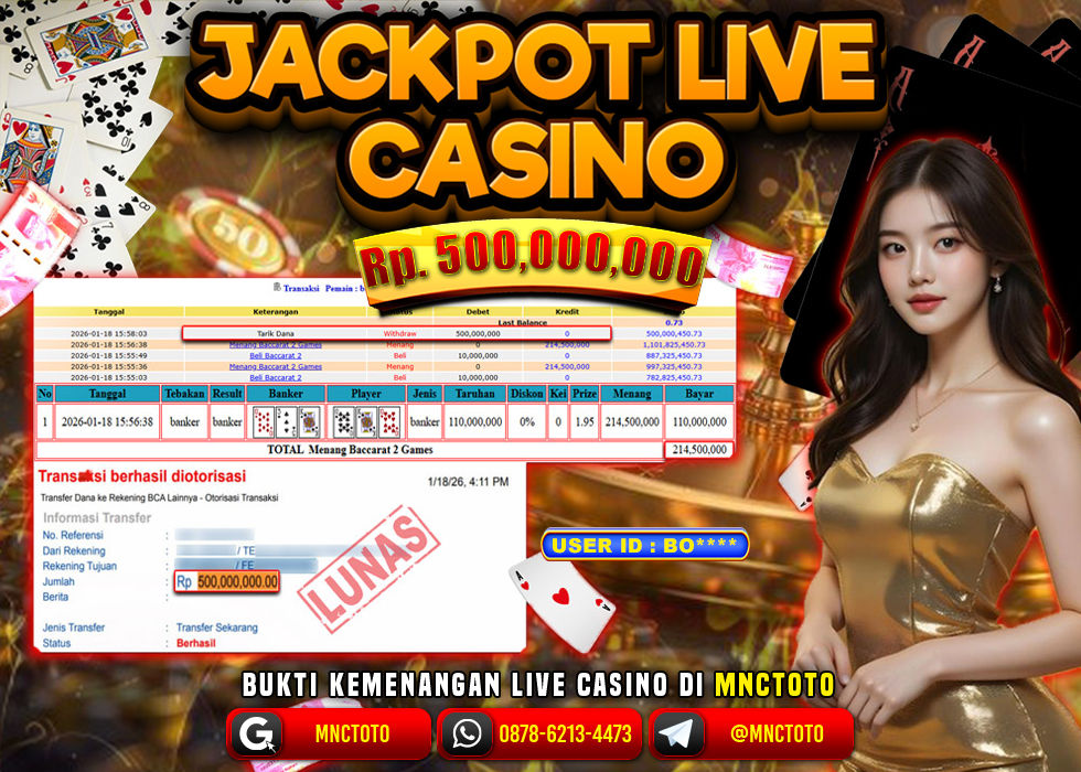 MNCTOTO JAKCPOT LIVE CASINO BACCARAT 2 Rp.500.000.000,- LUNAS