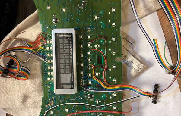 Next mods are for the instrument panel. On the left side I have re-routed the shift indicator LEDs to be used as inputs for the Arduino Allison interface. On the right, I have cut the traces to the various indicator LEDs. Then wires were added to let me connect them to the Cummins ECM. I also added LEDs for the Cummins "Maintenance" light and "Stop Engine" light. There were unpopulated spots on the board that I used for those. Next mods are for the instrument panel. On the left side I have re-routed the shift indicator LEDs to be used as inputs for the Arduino Allison interface. On the right, I have cut the traces to the various indicator LEDs. Then wires were added to let me connect them to the Cummins ECM. I also added LEDs for the Cummins "Maintenance" light and "Stop Engine" light. There were unpopulated spots on the board that I used for those.