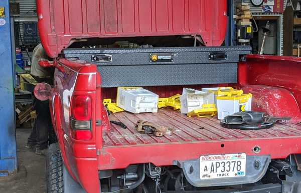 Red body goes on cummins truck Red body goes on cummins truck