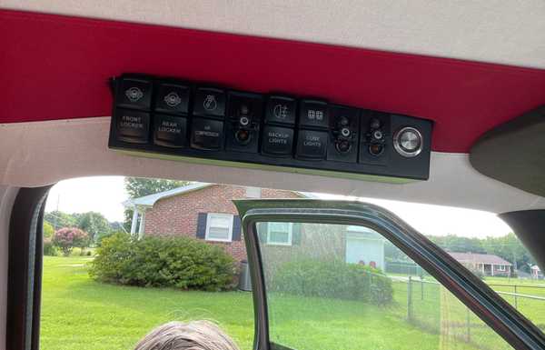 Interior switch panel from a Jeep retrofit into the headliner. Interior switch panel from a Jeep retrofit into the headliner.