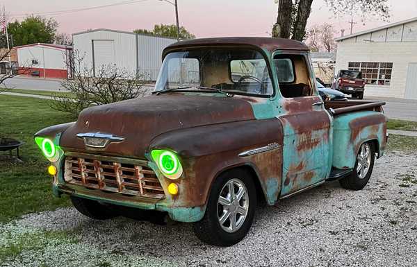 Took top three vehicles to make this…55 Chevy truck with 08 envoy frame with 97 Chevy vortec motor and 5 speed manual transmission 