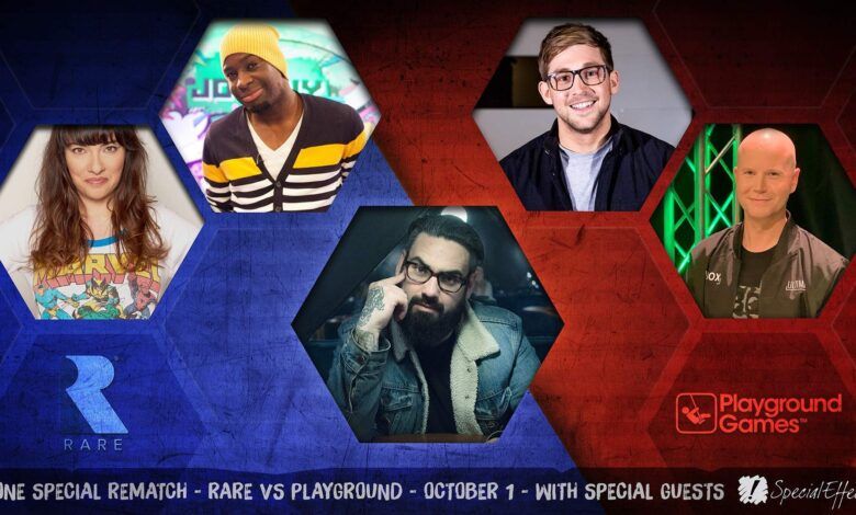 The commentary team line-up for the Rare vs. Playground football match, presented in a stylized graphic.