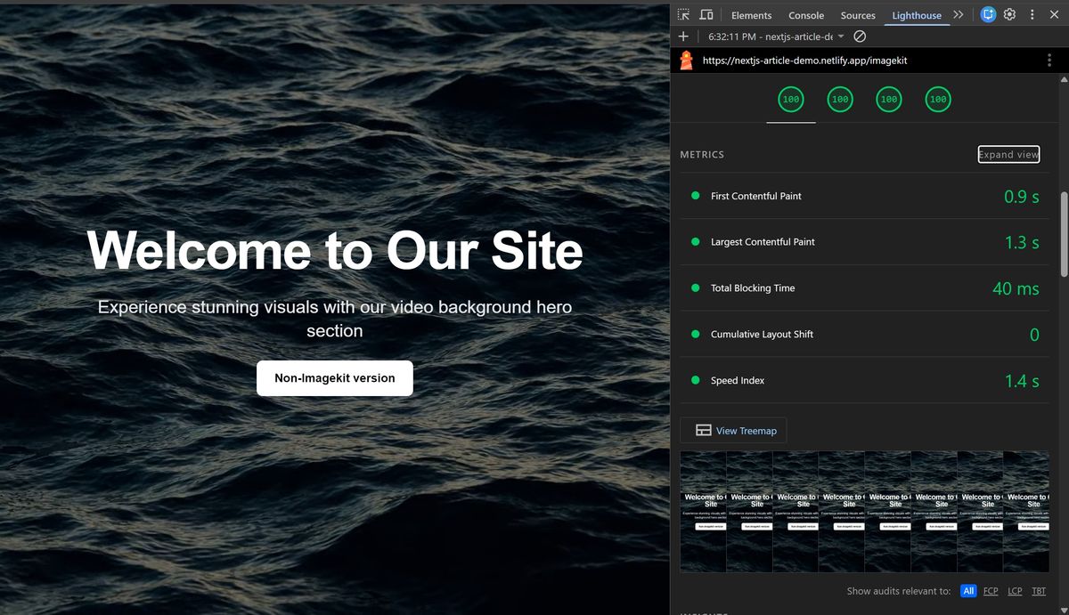 Lighthouse report for the ImageKit page showing improved scores