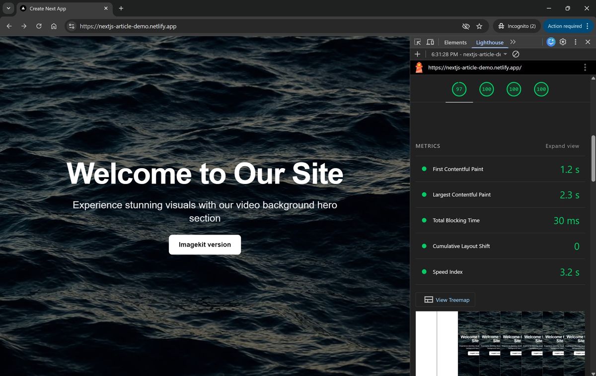 Lighthouse report for the non-ImageKit page