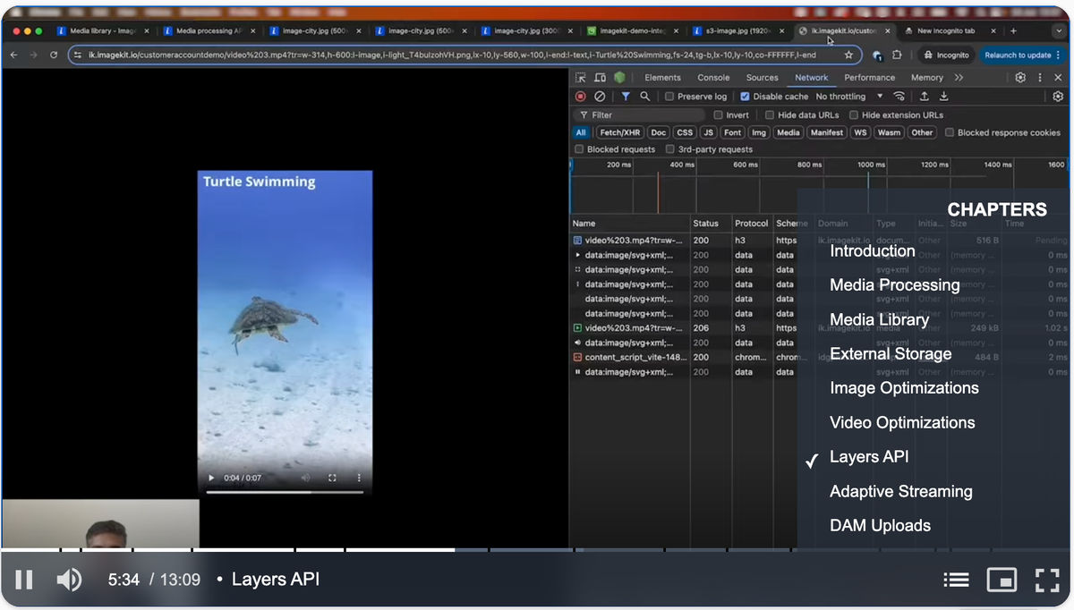 ImageKit video player chapter menu open, listing every chapter defined in the `chapters` prop.