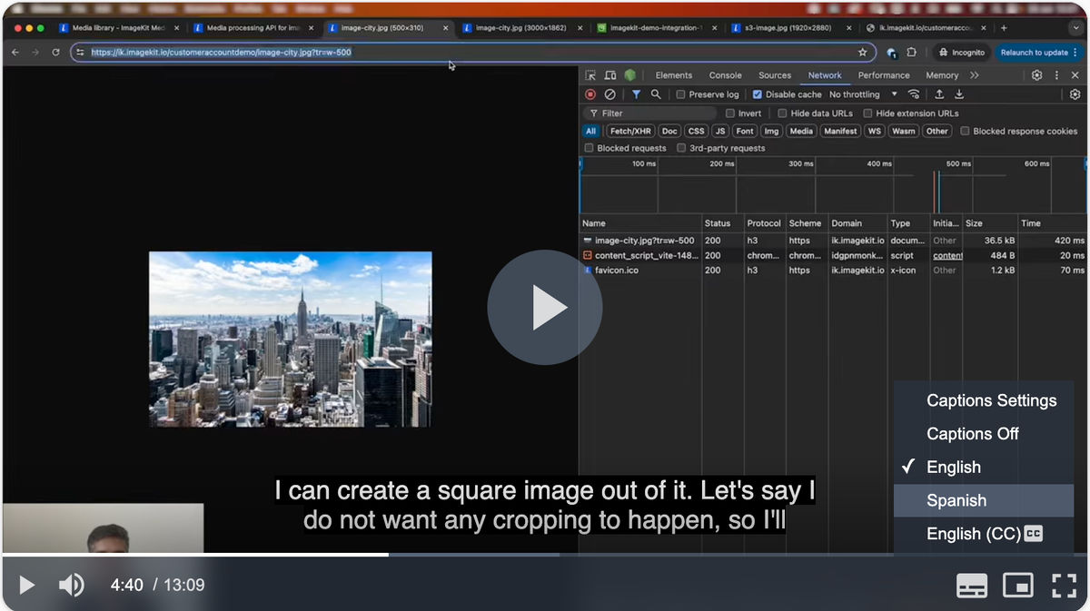 ImageKit video player captions menu open, showing multiple language subtitle tracks defined via `textTracks`.