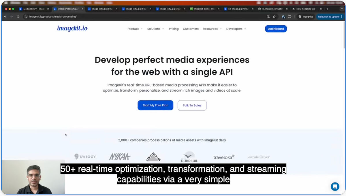 ImageKit video player playing a lesson with English WebVTT subtitles visible at the bottom of the frame.