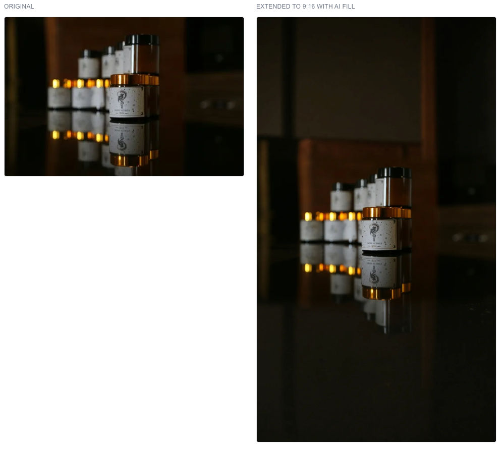 Side-by-side of the original square product image on the left and the same image expanded to 9:16 with AI-generated background fill on the right