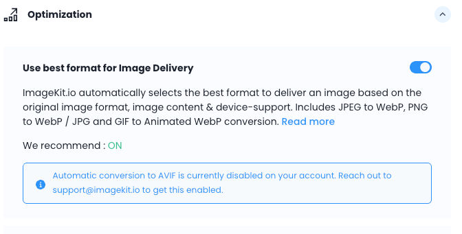 ImageKit dashboard showing automatic format conversion settings with WebP and AVIF options
