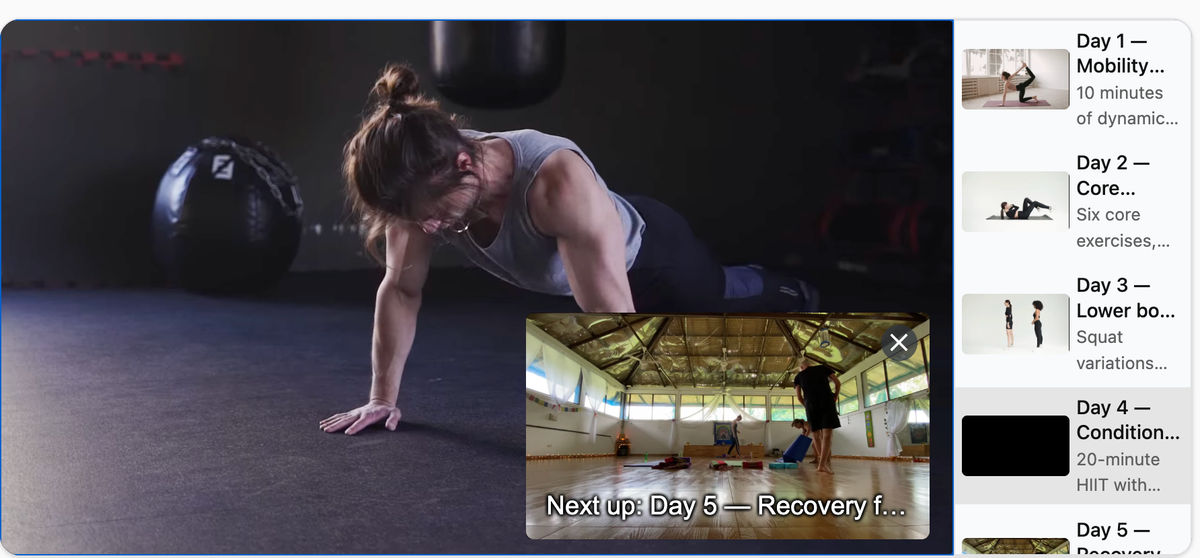 The "next up" preview showing Day 2 — Core stability before the current video finishes.