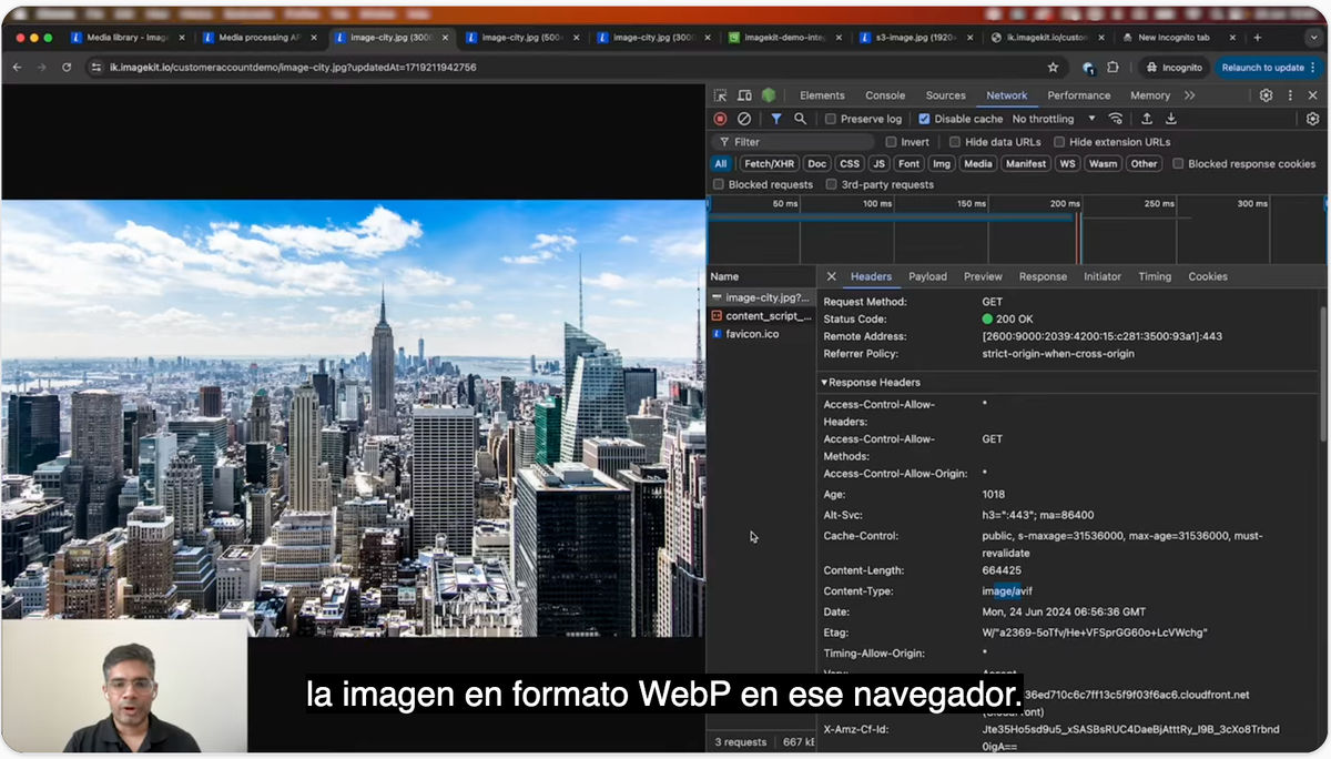 A Spanish translation track selected and rendering on the player.