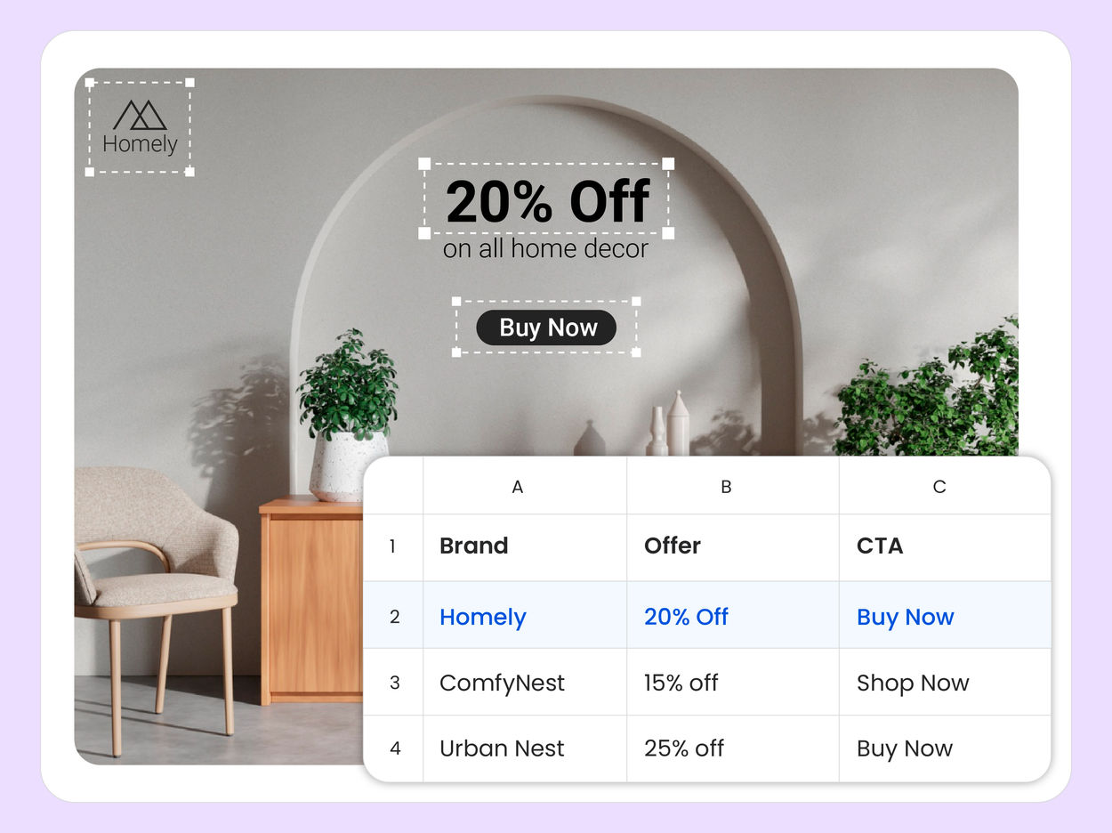 Generate variations through the UI or in bulk via CSV