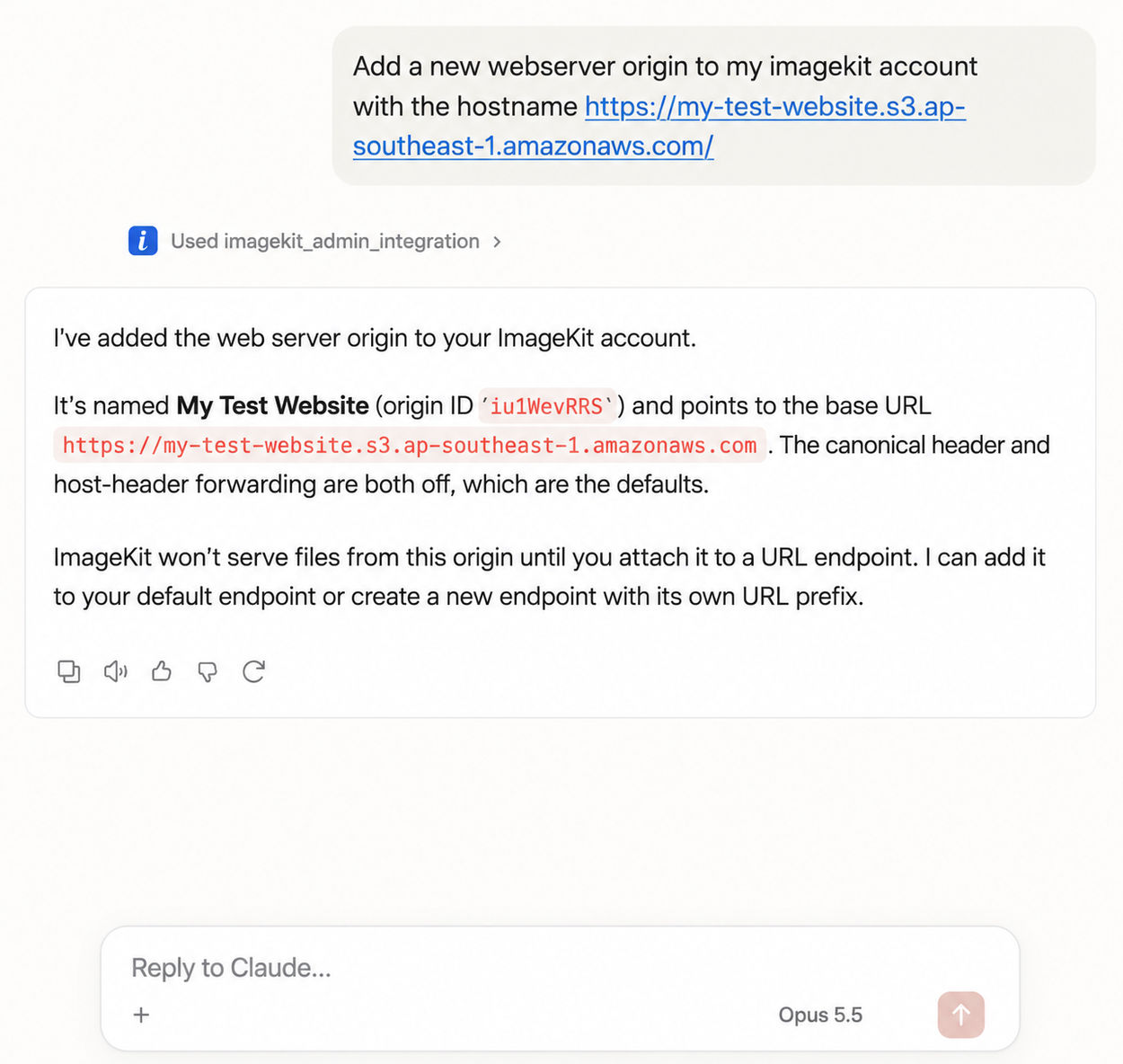 Admin MCP managing ImageKit origins, URL endpoints, and usage from an AI assistant