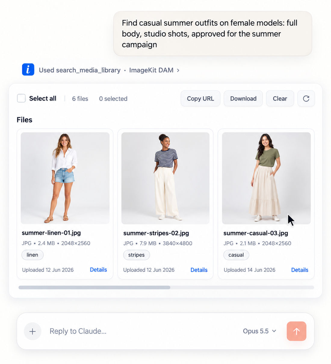An AI assistant searching the ImageKit media library for summer outfits via DAM MCP