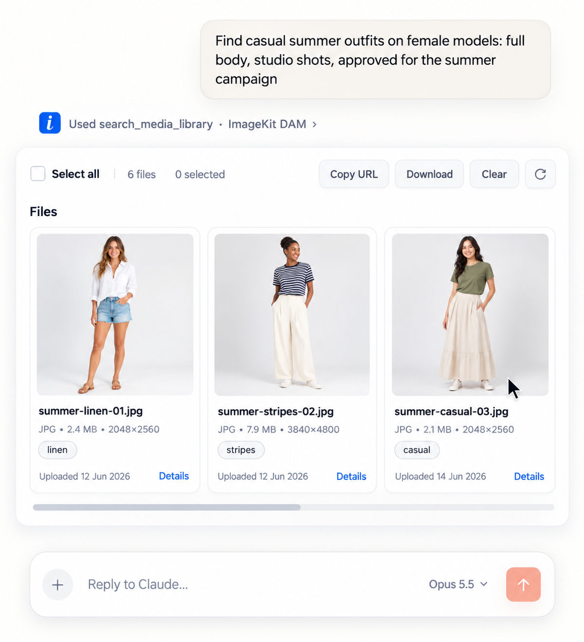 An AI assistant searching the ImageKit media library for summer outfits via DAM MCP
