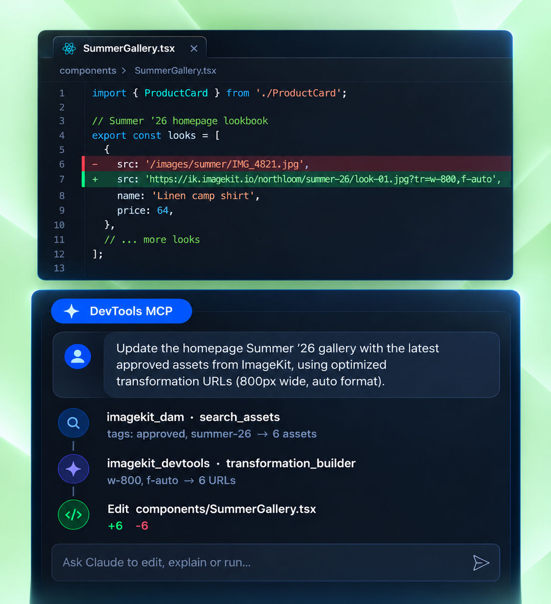 DevTools MCP building an ImageKit transformation URL inside a coding agent