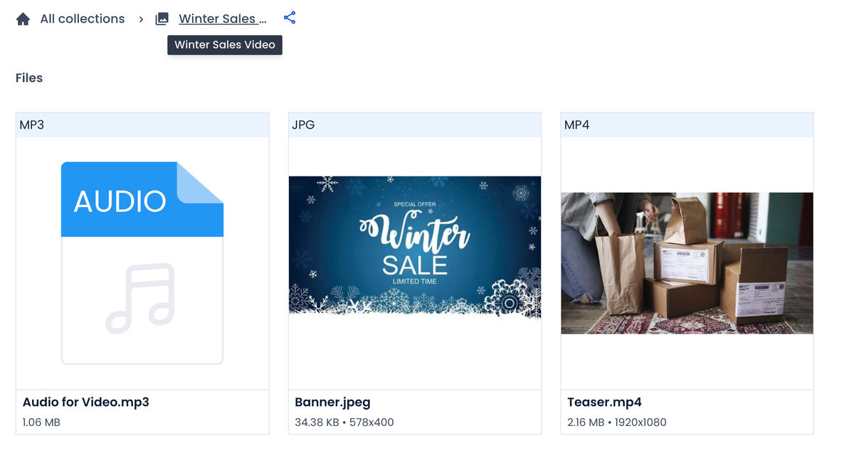 Media collections virtually combine related assets in a single shareable group