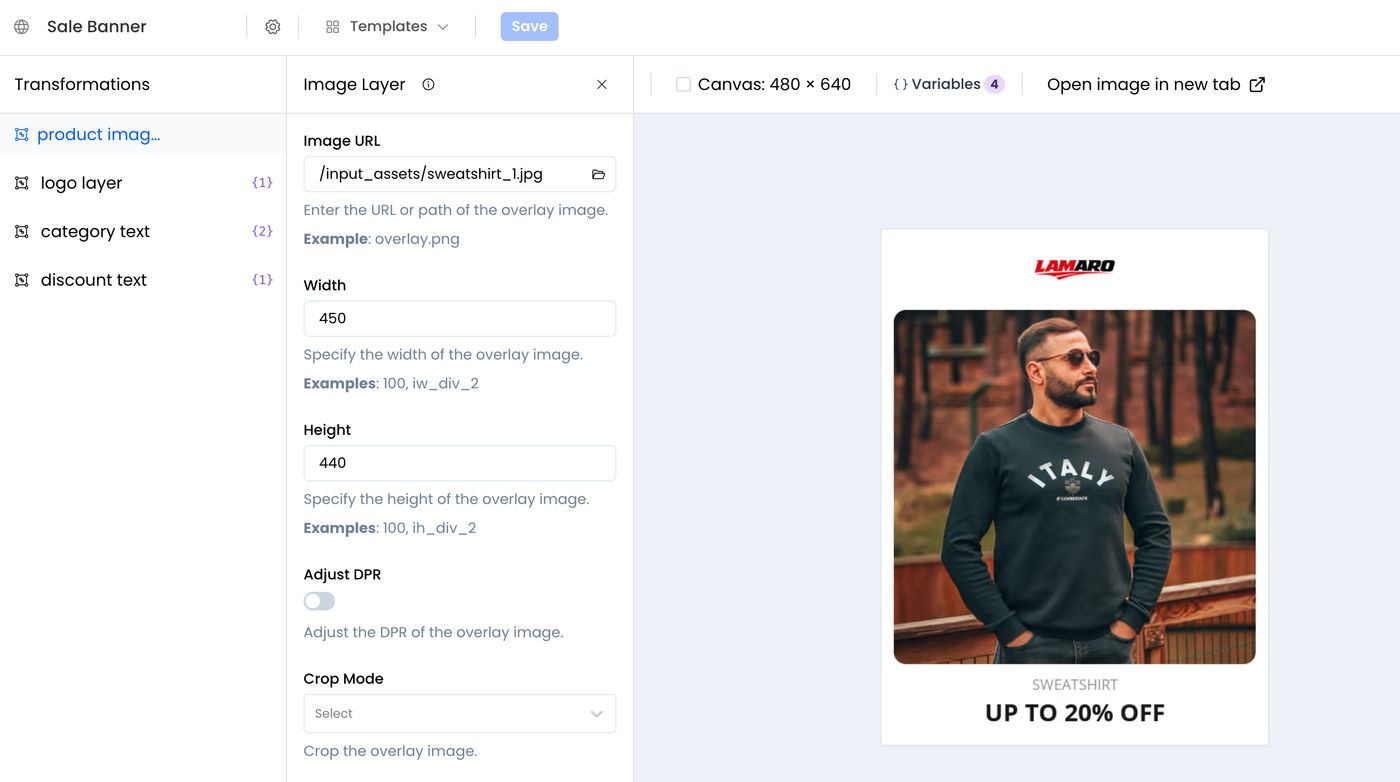 Building a reusable template with layer-based controls in the ImageKit editor