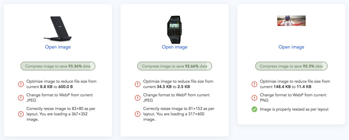 The website analyzer provides an image-by-image report of how you can optimize the images on your website.