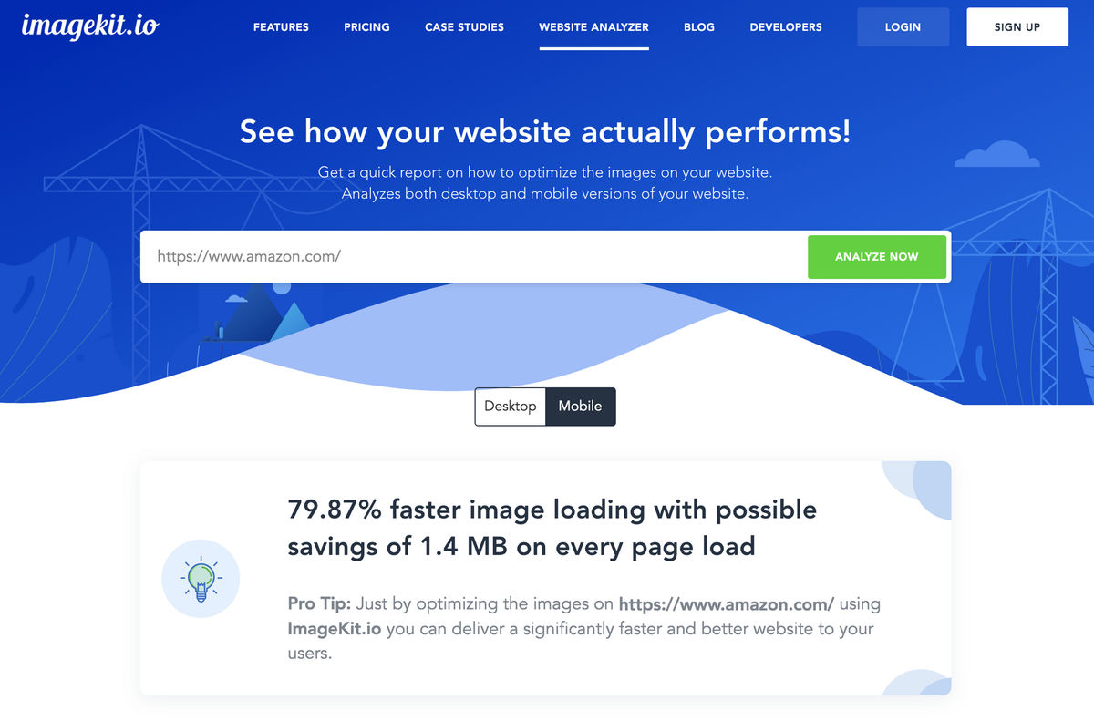 One can access ImageKit's Website Analyzer from the website without signing up for the product.