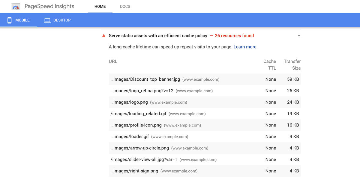 PageSpeed giving a warning related to Cache Policy