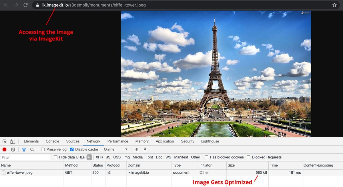 Accessing the image via ImageKit optimizes the image and converts it to the right format too