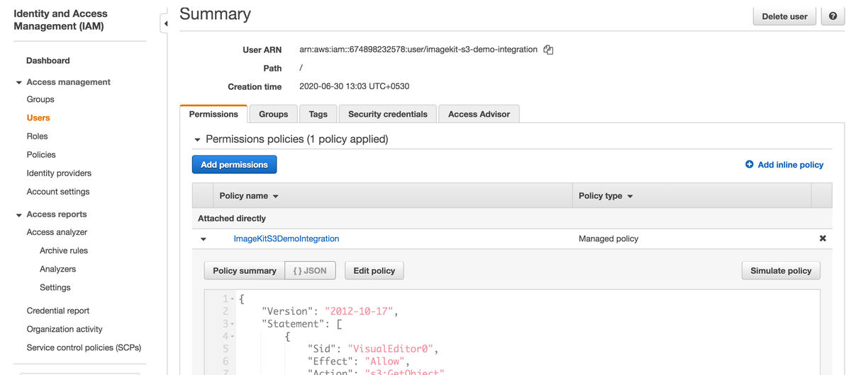 Once the policy is attached, this is how the User in IAM panel looks like