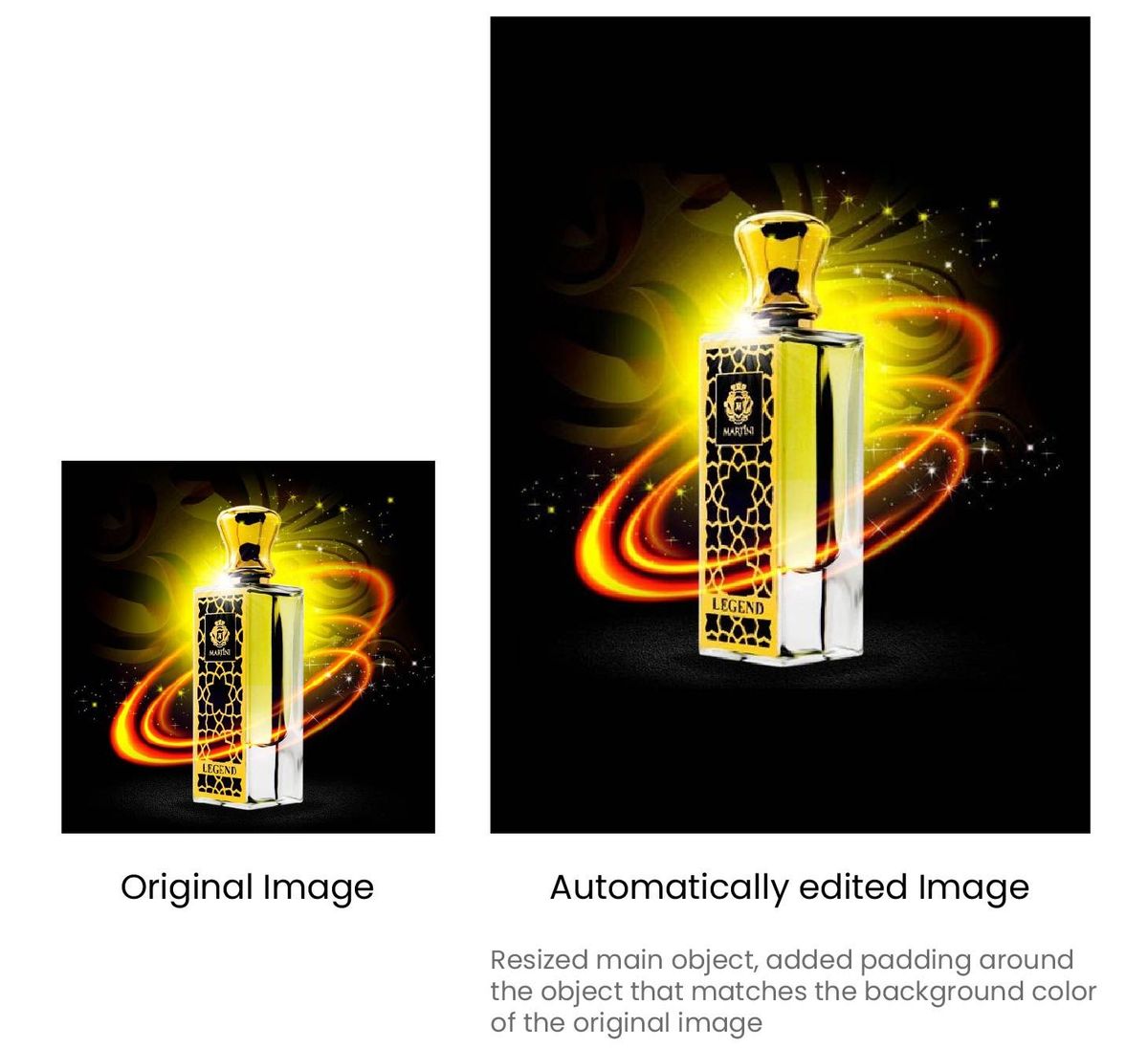 The padding color is automatically matched to the background of the original image and multiple resizing operations are used to get to the final product image as per the specification.