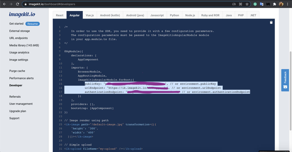ImageKit Dashboard for developer