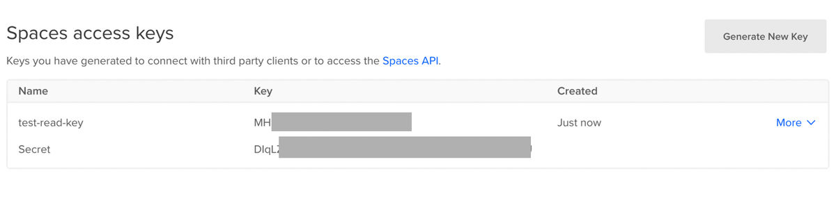 We created a key called test-read-key for integrating our DO Spaces storage with ImageKit