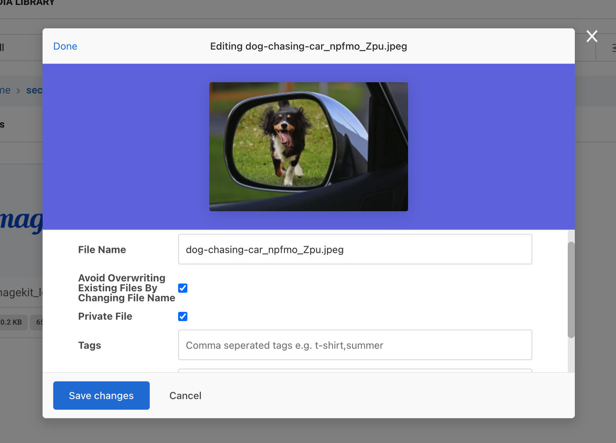 The checkbox for "Private File" is checked while uploading the image