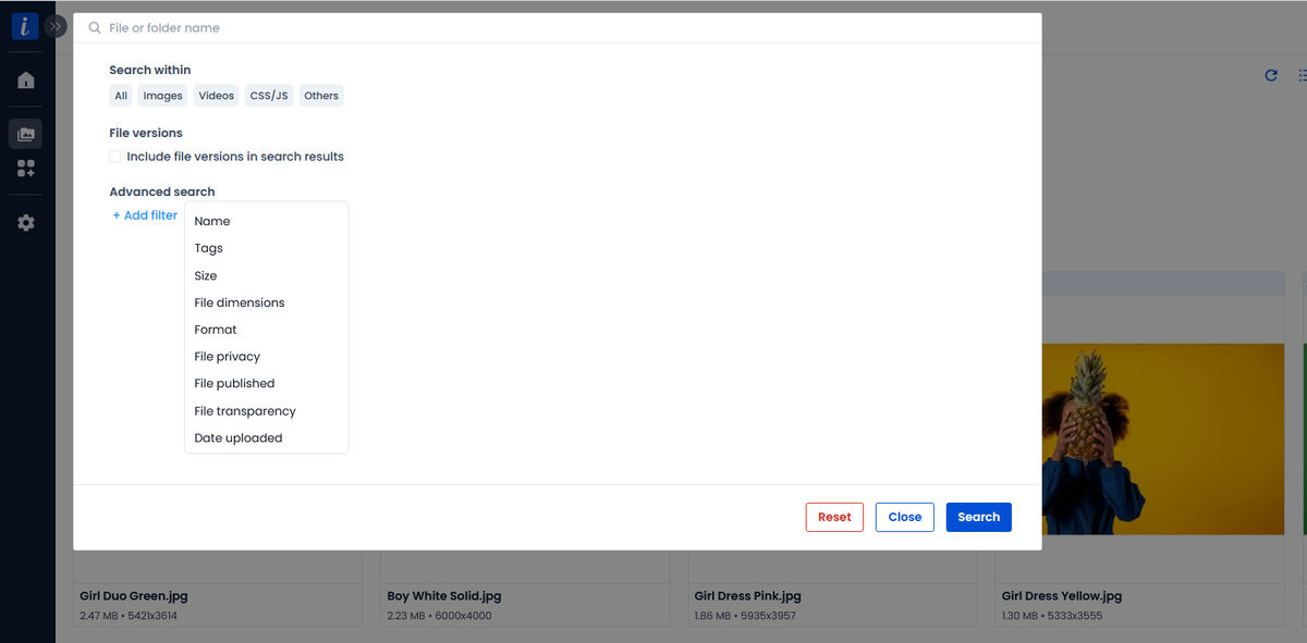Advanced search filters help trace assets that meet specific criteria.