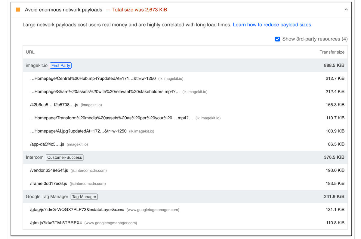 Lighthouse generic "Large network payload" audit