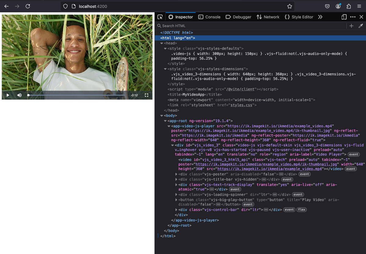Video.js player integrated into an Angular component
