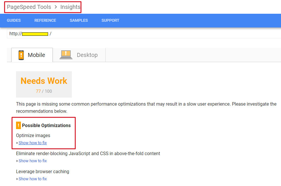 This is Google's Page Speed Insight Tool. It checks the page load speed on mobile and desktop devices and suggests you some recommendations. Here you can see that Image Optimization is also one of the suggestions to improve page load speed.