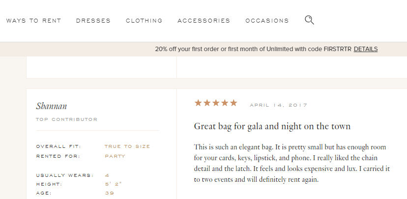 Check a different way of adding customer reviews on the product page. Source: Rent the Runway - An online dress rental portal.
