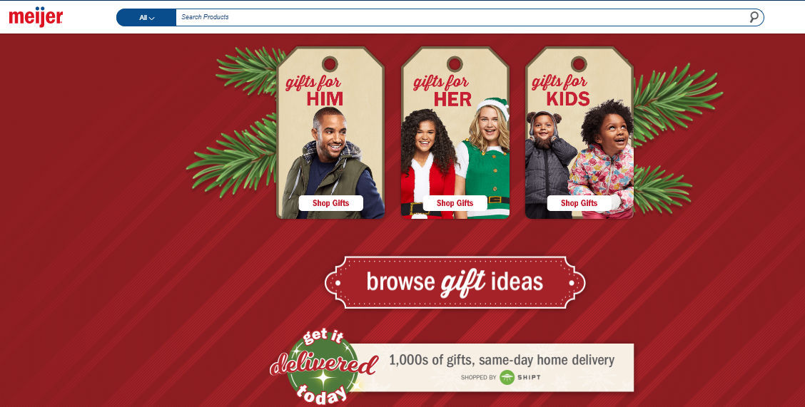 Meijer is a regional American supercenter chain providing groceries, gift cards, electronics, etc. Meijer.com has implemented Black Friday theme on its homepage.