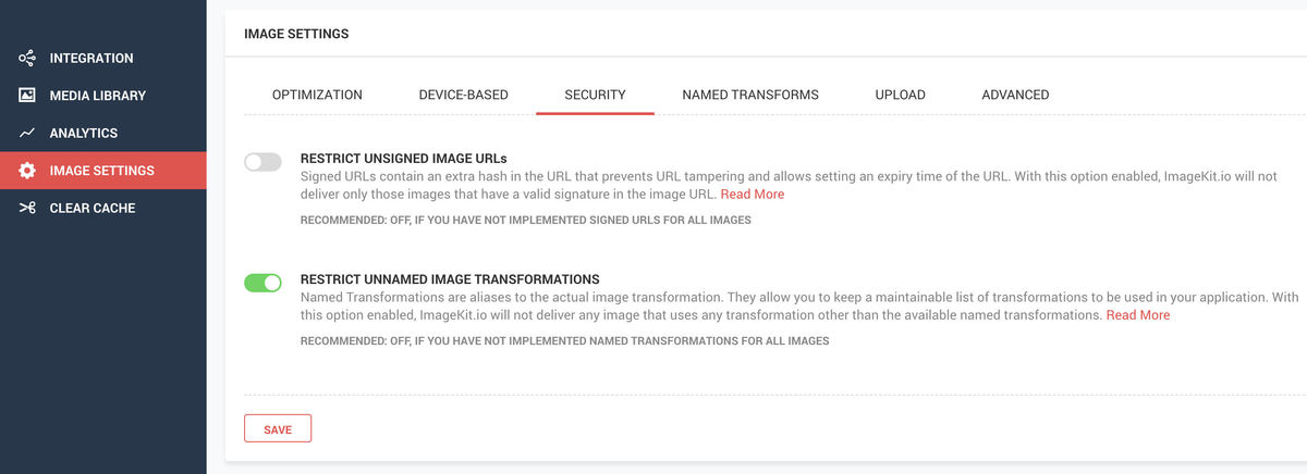 Named Transform Security Setting ImageKit