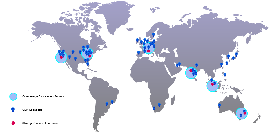 Multiple server regions with processing and delivery nodes across the globe