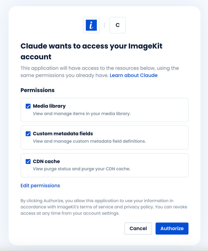 ImageKit MCP consent screen with resource checkboxes and an Edit permissions option