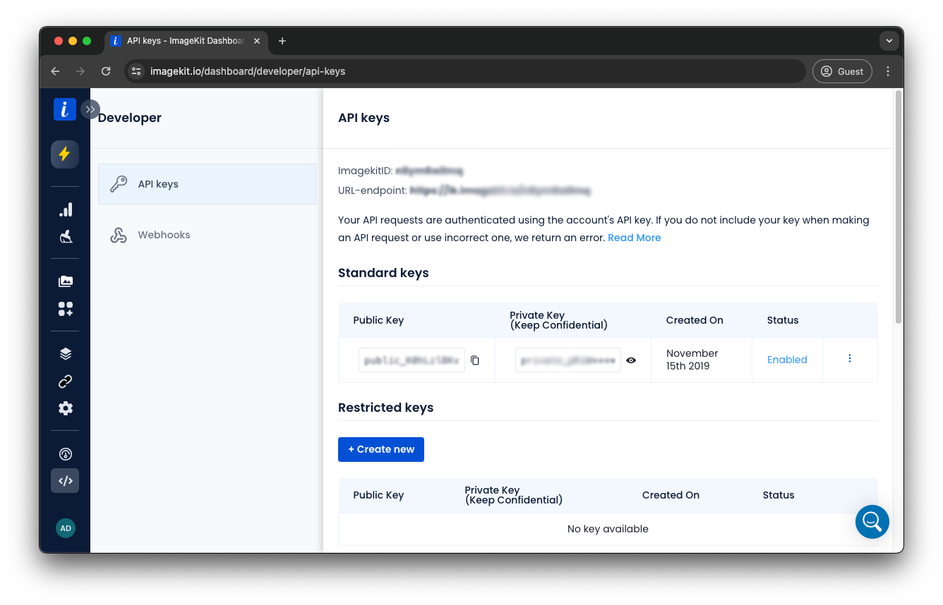 ImageKit API Keys Dashboard
