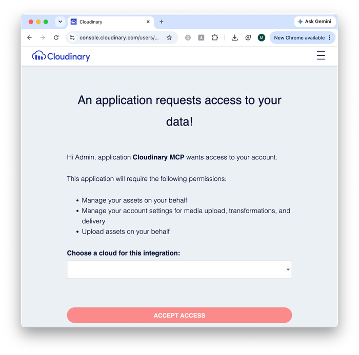 Cloudinary MCP consent screen listing required permissions with a single Accept access button