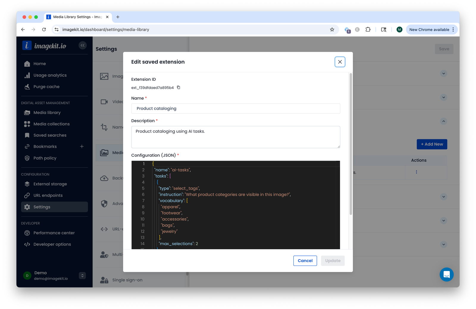 Creating a saved extension with an AI task configuration