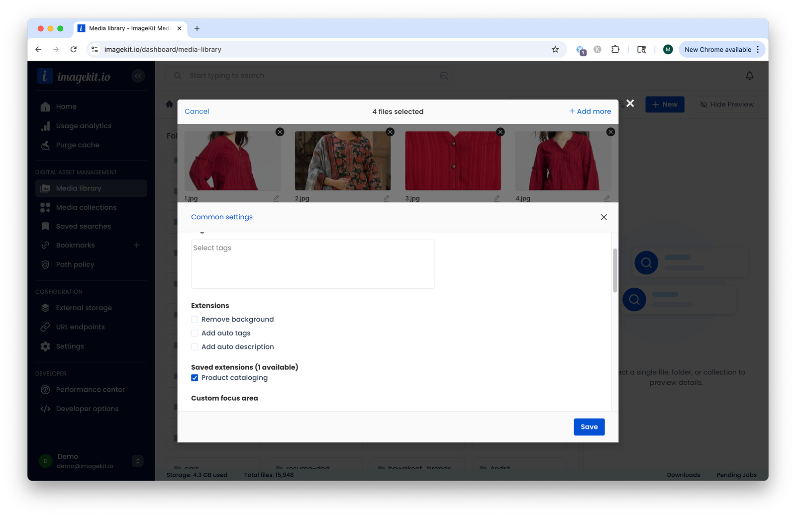 Selecting a saved extension in the upload settings