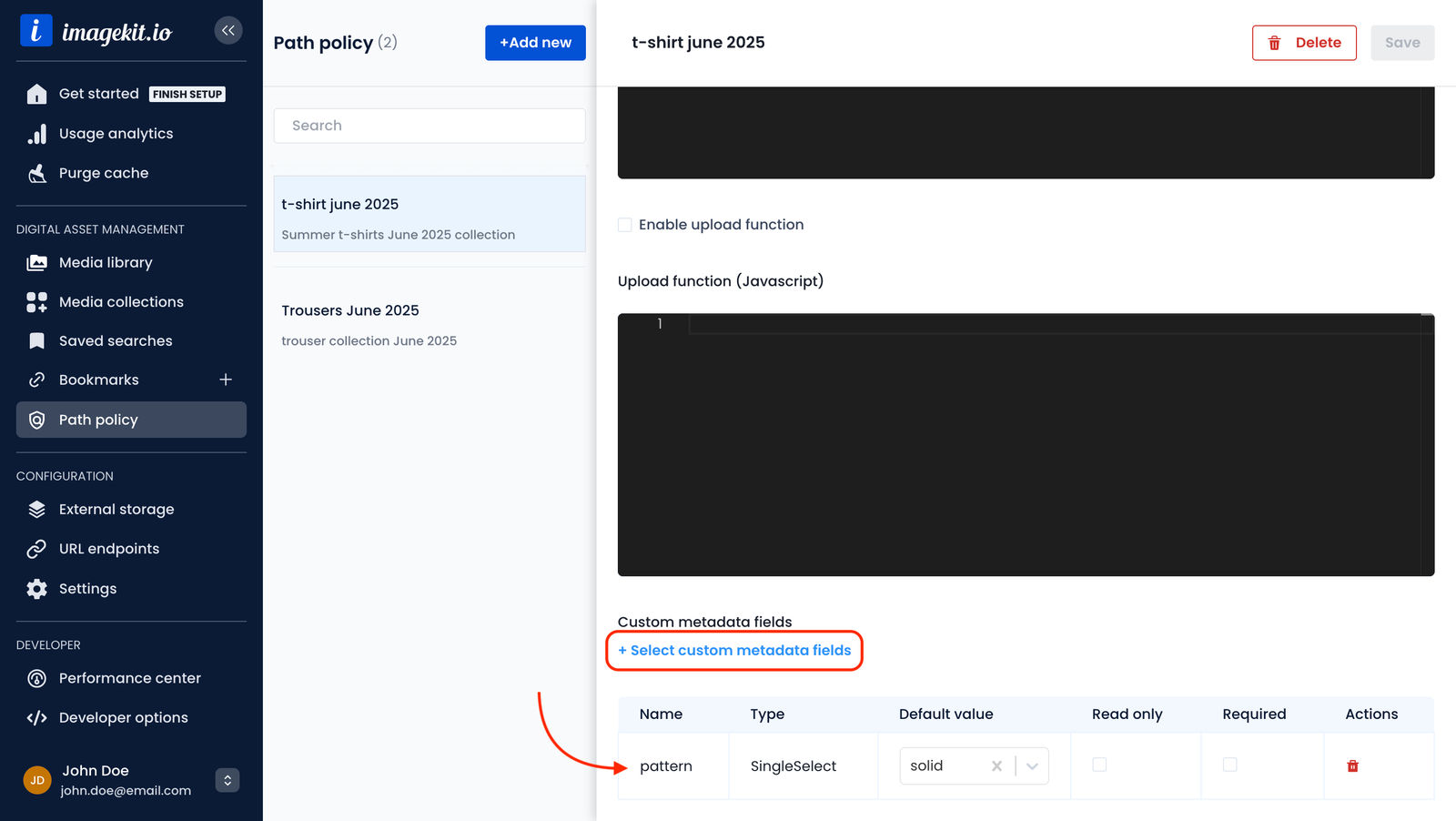Selecting custom metadata fields within a path policy
